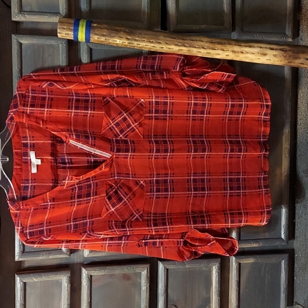 SHEAR Red Plaid Skis Are Blue Blouse Size L